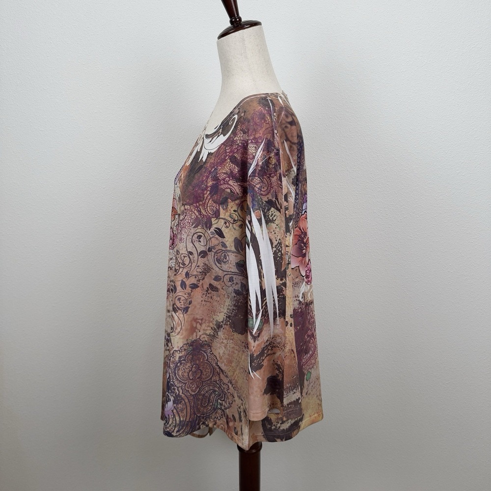 Jess & Jane‎ Top Womens XL Pink Brown Embellished Colorful Artsy Boho Asymmetric - Picture 6 of 13